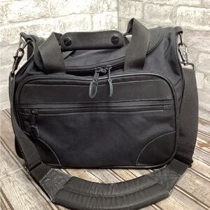 Vintage LL Bean Travel Bag Black Canvas Leather Trim 8 Pockets Strap & Handles